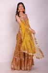 Shop_Gopi Vaid_Yellow Tussar Dupatta Net Scoop Neck Printed Kurta And Sharara Set  _at_Aza_Fashions