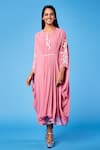 Buy_Sue Mue_Pink Georgette Embroidered Floral Round Pleated Kaftan And Cotton Pant Set _at_Aza_Fashions