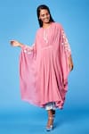 Sue Mue_Pink Georgette Embroidered Floral Round Pleated Kaftan And Cotton Pant Set _Online_at_Aza_Fashions