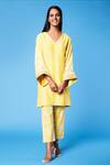 Buy_Sue Mue_Yellow Mul Parsi And Thread Work, Resham V Neck Tunic & Pant Set _at_Aza_Fashions