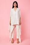 Buy_Sue Mue_White Georgette Resham, Parsi Cape V Neck Work Asymmetric And Pant Set_at_Aza_Fashions