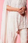 Sue Mue_White Georgette Resham, Parsi Cape V Neck Work Asymmetric And Pant Set_at_Aza_Fashions