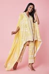 Sue Mue_Yellow Georgette Resham, Parsi Cape V Neck Work And Pant Set_Online_at_Aza_Fashions