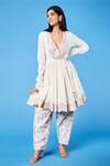 Sue Mue_White Cotton Bhuj Floral, Parsi V Neck Work Short Anarkali Set_Online_at_Aza_Fashions