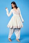 Shop_Sue Mue_White Cotton Bhuj Floral, Parsi V Neck Work Short Anarkali Set_at_Aza_Fashions