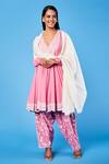 Buy_Sue Mue_Pink Cotton Bhuj Floral, Parsi V Neck Work Short Anarkali Set_at_Aza_Fashions