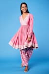 Sue Mue_Pink Cotton Bhuj Floral, Parsi V Neck Work Short Anarkali Set_Online_at_Aza_Fashions