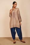 Sue Mue_Beige Tussar, Georgette, Silk Embroidery, Sequins Round Bhaumi Kurta Salwar Set _at_Aza_Fashions