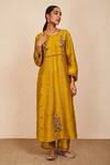 Sue Mue_Yellow Raw And Embroidery Aari Work Round Kurta Pant Set _at_Aza_Fashions