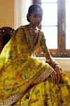 Archana Jaju_Yellow Organza , Pure Kalamkari Hand Embroidered Bridal Lehenga Set_Online_at_Aza_Fashions