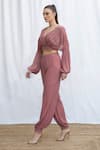 Amrta By Guneet Kondal_Pink Viscose Embroidery V-neck Designer Puffed Sleeve Top And Pant Set _Online_at_Aza_Fashions