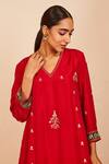 Sue Mue_Red Silk Embroidery Zari Work V Neck Kavya A-line Kurta Pant Set _Online_at_Aza_Fashions