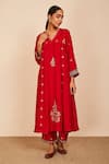 Shop_Sue Mue_Red Silk Embroidery Zari Work V Neck Kavya A-line Kurta Pant Set _Online_at_Aza_Fashions