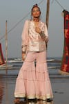 Gopi Vaid_Pink Jacket Linen Satin And Sharara Georgette Print & Afreen & Set  _Online_at_Aza_Fashions