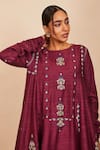 Buy_Sue Mue_Wine Tussar, Georgette, Silk Embroidery, Zari Short Anarkali Salwar Set _Online_at_Aza_Fashions