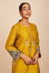 Sue Mue_Yellow Raw Silk Embroidery Zari And Resham Thread Work Round & Kurta Pant Set _Online_at_Aza_Fashions