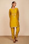 Buy_Sue Mue_Yellow Raw Silk Embroidery Zari And Resham Thread Work Round & Kurta Pant Set _Online_at_Aza_Fashions