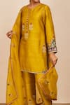 Sue Mue_Yellow Raw Silk Embroidery Zari And Resham Thread Work Round & Kurta Pant Set _at_Aza_Fashions