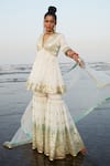 Shop_Gopi Vaid_White Georgette And Chiffon Ikat & Sequin V Neck Zohra Peplum Kurta Sharara Set_Online_at_Aza_Fashions