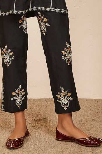 Buy_Sue Mue_Black Silk Zari, Embroidery Mandarin Collar Short Kurta And Pant Set _Online_at_Aza_Fashions