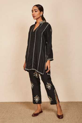 Shop_Sue Mue_Black Silk Zari, Embroidery Mandarin Collar Short Kurta And Pant Set _Online_at_Aza_Fashions
