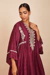 Sue Mue_Wine Tussar Georgette Embroidery Aari Work Round Rishima Kaftan And Pant Set _Online_at_Aza_Fashions