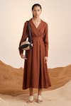 Cord_Brown Linen Notched Collar 60s Solid Dress _Online_at_Aza_Fashions