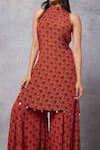 Senren by Eshana Raut_Red Crepe Print Swirl Line Halter Neck Kurta With Sharara _Online_at_Aza_Fashions