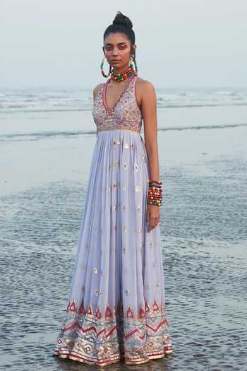 Shop_Gopi Vaid_Purple Georgette Ikat, Thread And Sequin Halter Amira Gown _at_Aza_Fashions