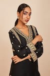 Sue Mue_Black Tussar, Georgette, Organza Embroidery V-neck Kurta Pant Set _Online_at_Aza_Fashions