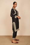 Sue Mue_Black Tussar, Georgette, Organza Embroidery V-neck Kurta Pant Set _at_Aza_Fashions