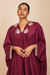 Sue Mue_Wine Silk And Lycra Crepe Embroidery Zardozi V Neck Kaya Kaftan Set _Online_at_Aza_Fashions