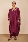 Buy_Sue Mue_Wine Silk And Lycra Crepe Embroidery Zardozi V Neck Kaya Kaftan Set _Online_at_Aza_Fashions