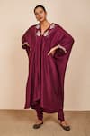 Shop_Sue Mue_Wine Silk And Lycra Crepe Embroidery Zardozi V Neck Kaya Kaftan Set _Online_at_Aza_Fashions