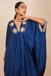 Sue Mue_Blue Silk And Lycra Crepe Embroidery Zardozi V Neck Kaftan Set _Online_at_Aza_Fashions