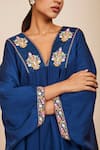 Buy_Sue Mue_Blue Silk And Lycra Crepe Embroidery Zardozi V Neck Kaftan Set _Online_at_Aza_Fashions