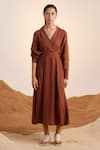 Buy_Cord_Brown Linen Notched Collar 60s Solid Dress _Online_at_Aza_Fashions