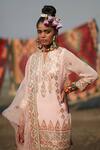 Shop_Gopi Vaid_Pink Georgette And Organza Ikat & Sequin Notched Sara Kurta Sharara Set_at_Aza_Fashions