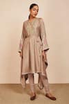 Sue Mue_Beige Tussar Georgette And Lycra Crepe Embroidery Aari Asymmetric Hem Kaftan Set _Online_at_Aza_Fashions