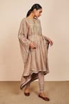 Buy_Sue Mue_Beige Tussar Georgette And Lycra Crepe Embroidery Aari Asymmetric Hem Kaftan Set _Online_at_Aza_Fashions