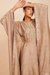 Shop_Sue Mue_Beige Tussar Georgette And Lycra Crepe Embroidery Aari Asymmetric Hem Kaftan Set _Online_at_Aza_Fashions