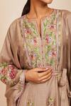 Sue Mue_Beige Tussar Georgette And Lycra Crepe Embroidery Aari Asymmetric Hem Kaftan Set _at_Aza_Fashions