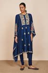 Sue Mue_Blue Tussar Georgette And Lycra Crepe Embroidery Aari Navya Floral Kaftan Set _at_Aza_Fashions