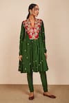 Sue Mue_Green Silk, Lycra, Crepe Embroidery V-neck Gada Kurta Set _Online_at_Aza_Fashions