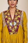 Sue Mue_Yellow Silk And Lycra Crepe Gada V Neck Floral Kurta Set _Online_at_Aza_Fashions