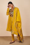 Sue Mue_Yellow Silk And Lycra Crepe Gada V Neck Floral Kurta Set _at_Aza_Fashions