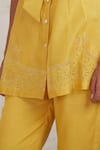 Shop_Sue Mue_Yellow Handwoven Pure Chanderi Embroidered Cutwork Long Tie-up Ifza Pant Set _Online_at_Aza_Fashions