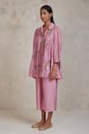 Sue Mue_Pink Handwoven Pure Chanderi Embroidered Aari Spread Collar Sabi Culottes Set _at_Aza_Fashions