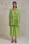 Sue Mue_Green Handwoven Pure Chanderi Embroidered Aari Sabi Shirt And Culottes Set _at_Aza_Fashions