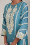 Sue Mue_Blue Handwoven Pure Chanderi Embroidered Dori Notched Umaiza Kurta Pant Set _Online_at_Aza_Fashions